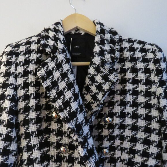 MANGO Houndstooth Wool Blend Frayed Hem Blazer Academia Black White - Size S NWT - Picture 4 of 14